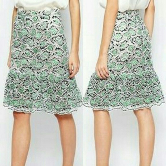 French Connection Boccara Lace Skirt Ruffle Flounce Hem Peplum Green White Sz 0 - Picture 1 of 4